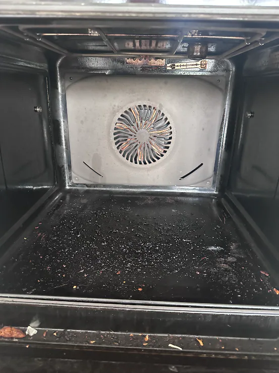 Heavy grease and burnt-on carbon inside the single oven before cleaning